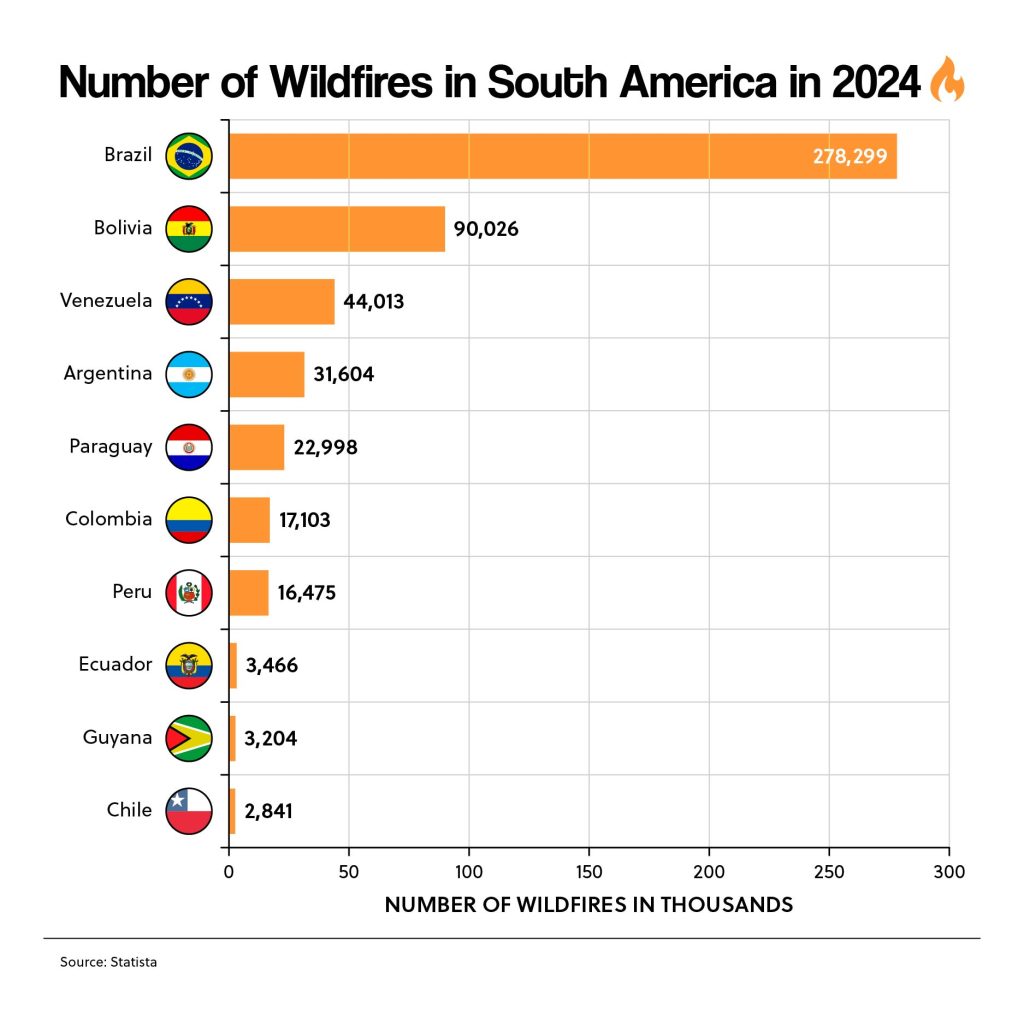 Number of Wildfires in South America in 2024